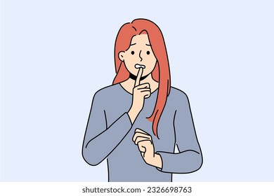 Confused woman touches chin thoughtfully, reflecting on philosophical question or mistake. Confused young girl in casual clothes looks worriedly at screen in need of help or advice