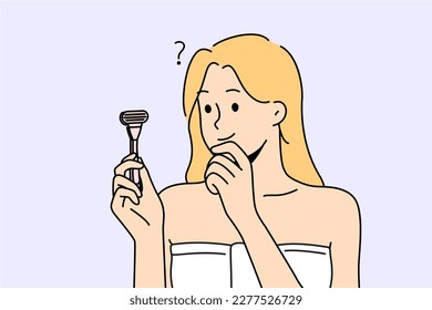 Confused woman in towel after shower hold razor think of shaving. Frustrated girl consider epilation procedure. Beauty and cosmetology. Vector illustration. 