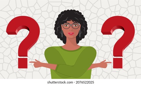 Confused woman tries wonder Question mark se should choose. Vector illustration. Dimension 16:9.