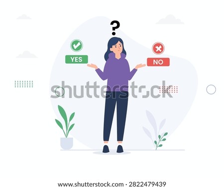Confused woman trying to make a decision between yes and no options vector illustration