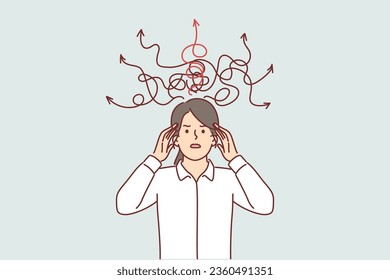 Confused woman with wad of arrows above head, feeling chaotic in thoughts and trying to make difficult decision. Confused girl needs help of psychologist to choose right path for personal development