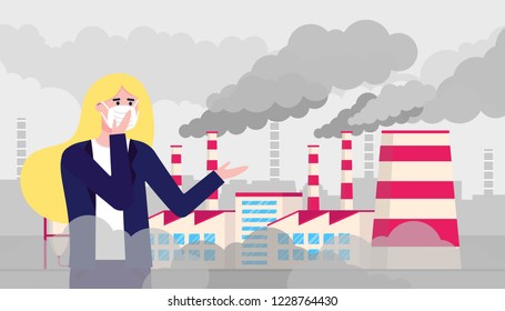 Confused woman wearing mask against smog. Fine dust, air pollution, industrial smog protection concept flat style design vector illustration. Industrial factory pipes with huge clouds of smoke behind.