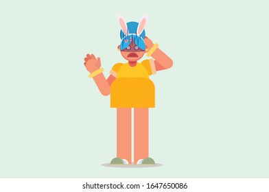 A confused woman wears a rabbit hat. Colorful Easter vector illustration, this illustration can use as a sticker also.