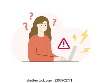 Confused Woman Working With Broken Laptop. Girl Tried To Fix The Computer With Technical Error Problem. Website Maintenance, Technology, Failure Concept. Flat Cartoon Vector Design Illustration.