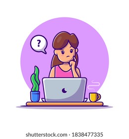 Confused Woman Working On Laptop Cartoon Vector Icon Illustration. People Technology Icon Concept Isolated Premium Vector. Flat Cartoon Style