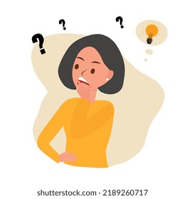 Confused women in doubts and thoughts. Puzzled pensive people worry and think with serious thoughtful expression. Uncertain characters. Flat vector illustrations isolated on white background