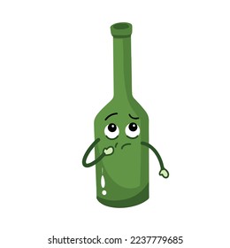 Confused and wondering alcohol booze green bottle character mascot vector illustration drawing isolated on white background. Bottle character comic with simple flat cartoon art style.