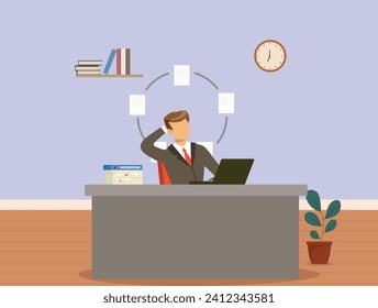 Trabajador confuso en la oficina y trabajador de oficina confuso, hombre que trabaja en laptop confuso, jefe de proyecto inseguro que usa laptop, trabajo carga tareas diferentes empleado. Amplia selección de proyectos de tareas