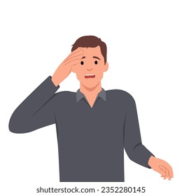 Confused and worried corporate man, ceo manager holding hand on forehead, staring shocked at camera, having big problem. Flat vector illustration isolated on white background