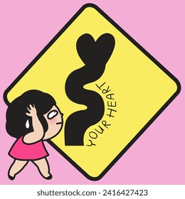 Confused And Worried Girl Walked Along The Right Zig Zag Traffic Road Sign To Someone Heart Concept Card Character illustration