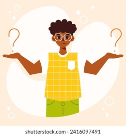 Confused young African American guy thinking surrounded by question marks. Vector character in flat cartoon style. Concept of doubting, solving problem and making choice