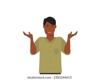 Confused young black man shrugging shoulders and spreading his hands. Concept for confusion, problems,  blaming someone and playing the innocent. vector and illustration.