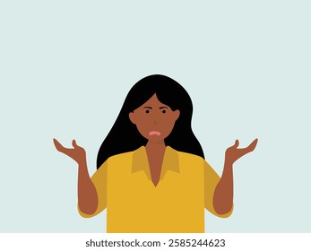 Confused young black woman shrugging shoulders and spreading his hands. Concept for confusion, problems,  blaming someone and playing the innocent. vector and illustration.