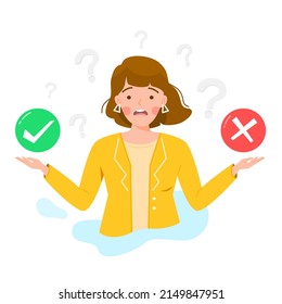 Confused young business girl choosing YES or NO. Business decision making, concept of choice, selection, answer, reply, accept or refuse, thinking right or wrong. Flat character vector illustration.