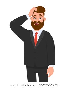 Confused Young Business Man In Formal Wear Scratching His Head. Unhappy Man In Puzzled Expression. Male Character Design Illustration. Human Emotions Concept In Vector Cartoon Style.