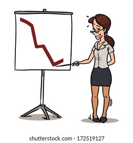 Confused young businesswoman in glasses showing low financial graph
