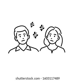 Confused young couple is thinking about money. Hand drawn cartoon character vector illustration isolated on white background.