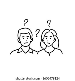 Confused young couple is thinking about problems. Thoughtful man and woman with question signs. Hand drawn cartoon character vector illustration isolated on white background.