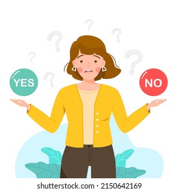 Confused young girl choosing YES or NO. Business right decision making, concept of choice, selection, answer, reply, accept or refuse, thinking right or wrong. Flat character vector illustration.