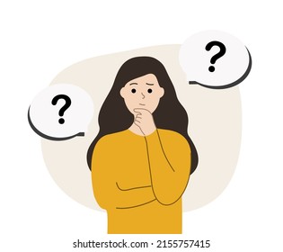 Confused Young girl thinking with hand on chin with question mark speech bubble. Problem solving, idea, challenge, decision making, brainstorm concept. Flat cartoon vector design illustrations.