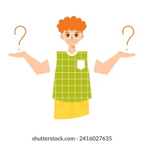 Confused young guy thinking and making choice surrounded by question marks. Vector character isolated on white background. Flat cartoon style. Concept of doubting, solving problem, making decision