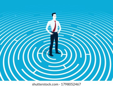 Confused young handsome businessman in the center of radial labyrinth trying to find way out vector illustration, business strategy, problem solution.