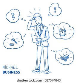 Confused young man in business suit holding a letter or document, looking concerned. Hand drawn line art cartoon vector illustration.