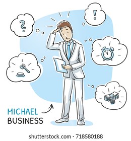 Confused young man in business suit holding a letter or document, looking concerned. Hand drawn cartoon sketch vector illustration, whiteboard marker style coloring. 