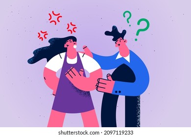 Los jóvenes confundidos apoyan a una mujer enojada infeliz. Las parejas tienen desacuerdo o pelean pensando en separarse o divorciarse. El problema de la relación de marido y mujer. Ilustración vectorial plana. 