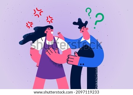 Confused young man comfort support unhappy angry woman. Couple have disagreement or fight think of breakup or divorce. Husband and wife relationship problem. Flat vector illustration. 