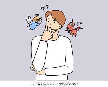 Confused young man with devil and angel on different sides decide or think. Frustrated guy feel unsure and doubtful about getting right or wrong decision. Vector illustration. svg