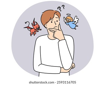 Confused young man with devil and angel on different sides decide or think. Frustrated guy feel unsure and doubtful about getting right or wrong decision. Vector illustration.