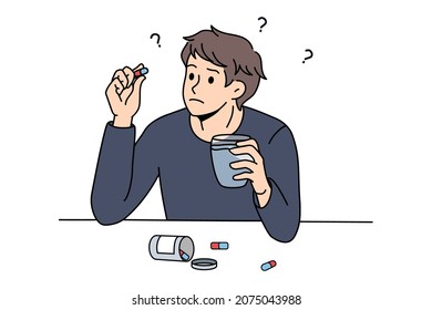 Confused young man doubt about taking antidepressant pills suffer from mental or psychological illness. Doubtful male consider about medication treatment. Healthcare. Vector illustration. 