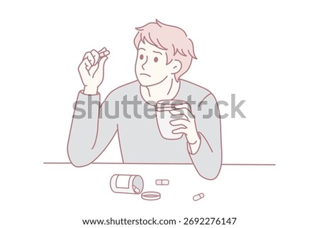 Confused young man doubt about taking antidepressant pills suffer from mental or psychological illness. Doubtful male consider about medication treatment. Healthcare. Vector illustration.