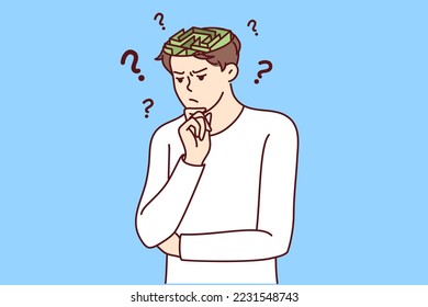 Confused young man with labyrinth in head think of problem solution. Frustrated male make decision contemplating solving trouble. Dilemma. Vector illustration. 