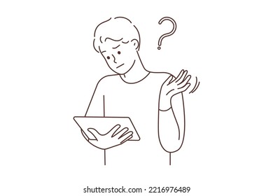 Confused young man look at tablet screen shocked with unexpected error. Frustrated guy unhappy with problem on pad gadget. Vector illustration. 