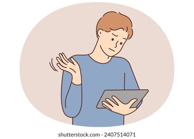 Un joven confuso mira la pantalla del tablet impactado por un error inesperado. Un tipo frustrado descontento con el problema del gadget de almohadillas. Ilustración vectorial.