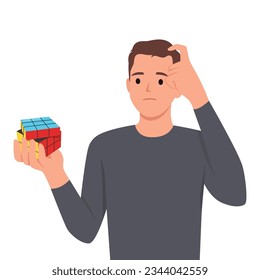 Confused young man playing rubik's cube. Scratching his head. Flat vector illustration isolated on white background
