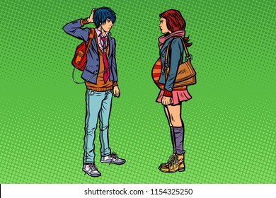 Confused young man and pregnant girl. Teenage. Pop art retro vector illustration kitsch vintage