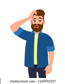 Confused young man scratching his head. Emotions and body language concept. Vector illustration in cartoon style.