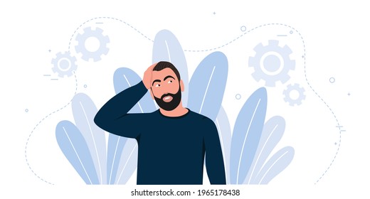 Joven confundido rascando la cabeza y mirando a un lado Emociones y el concepto de lenguaje corporal. Ilustración vectorial en estilo plano.