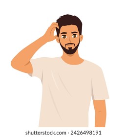 Un joven confundido rascándose la cabeza. Concepto de emociones y lenguaje corporal. Ilustración vectorial plana aislada sobre fondo blanco