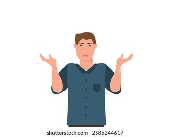 Confused young man shrugging shoulders and spreading his hands. Concept for confusion, problems,  blaming someone and playing the innocent. vector and illustration.