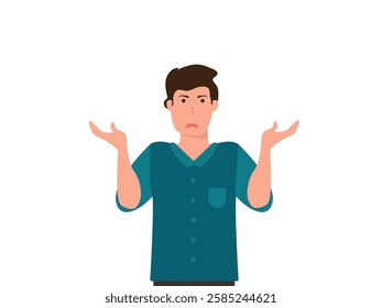 Confused young man shrugging shoulders and spreading his hands. Concept for confusion, problems,  blaming someone and playing the innocent. vector and illustration.