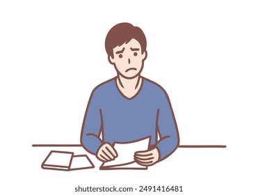 Verwirrter junger Mann sitzt frustiert mit Rechnungen und Spesen am Tisch. Handgezeichnete Stil Vektorgrafik Design Illustrationen.
