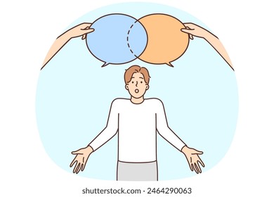 Confused young man with speech bubbles above head think making decision. Frustrated guy feel unsure about message or text. Vector illustration.