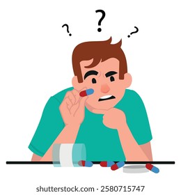 Confused young man, unsure about taking medication. vector illustration.