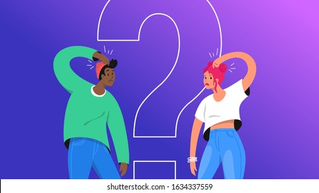 Confused young man and woman need an answer and have some doubt. Vector illustration of young teenagers need professional help, support or more information. Gradient modern design on purple background