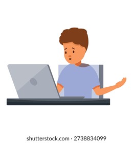 Confused young man working at laptop raising hand questioningly, having problems with his work