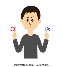 A confused young man with yes and no signs in his hands, vector illustration